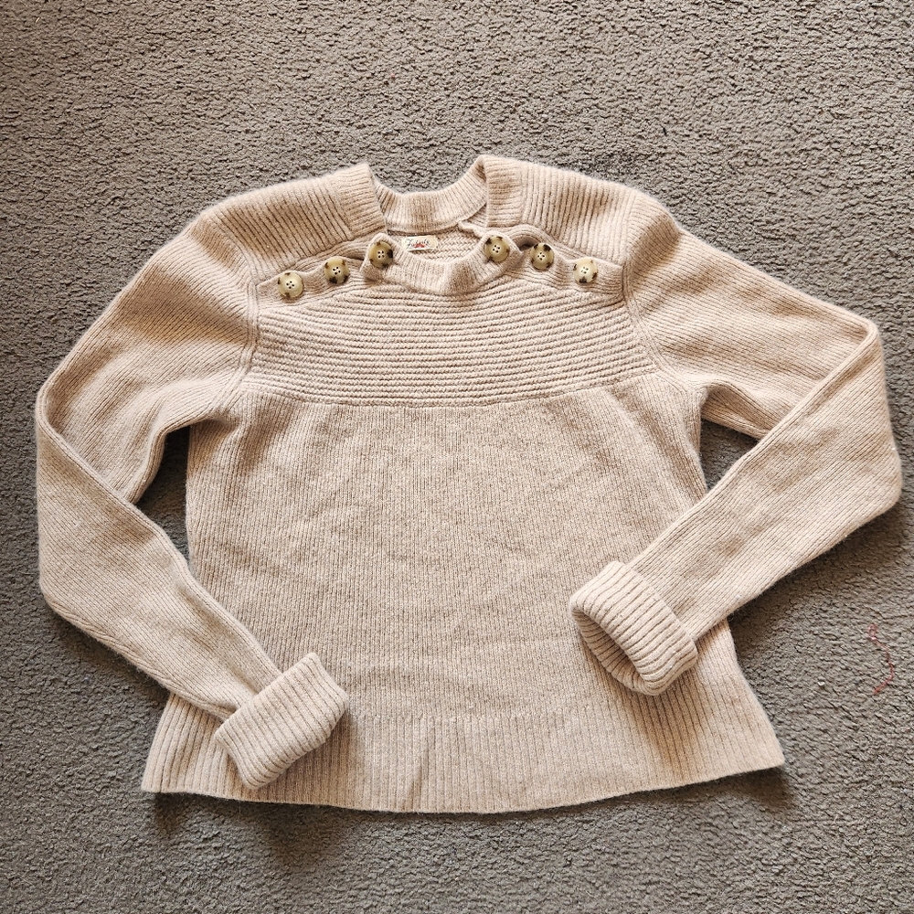 FAHERTY Women's Sweater Medium Beige Wool Cashmere Blend Roll Cuff Minimalist